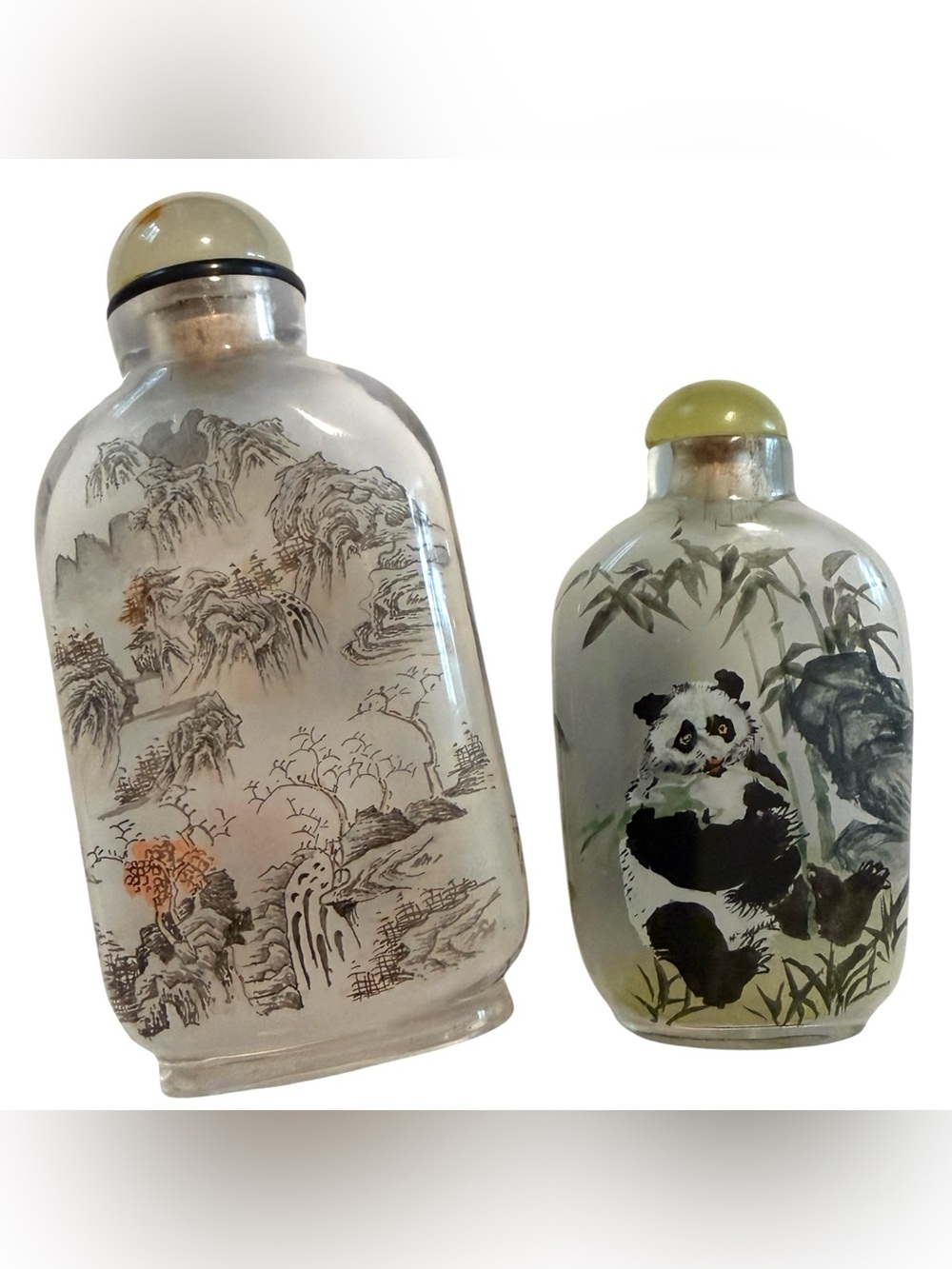 Vintage Chinese Inside Painted Frosted Glass Snuff Bottles Pair Panda Landscape